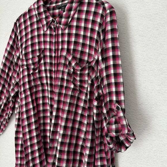 Lane Bryant Top Women 22/24 Pink Black Plaid Button Up Roll Tab Tunic Cabin Farm - Picture 13 of 16